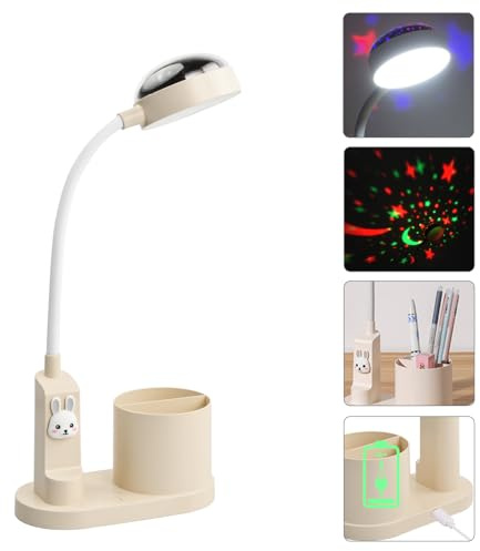 LED Table Lamp with Projection & Pen Holder, Rechargeable Desk Lamp, Dimmable LED Reading Lamp for Children, Adjustable Eye-Caring Kids Bedside Lamp Light for Home Office Bedroom Study Room (White)