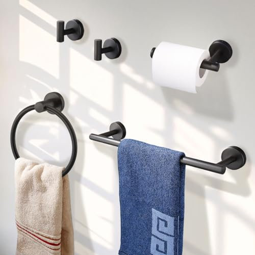 Betadistor Toallero montado en la pared, juego de 5 accesorios de baño, soporte para rollo de papel higiénico, anillo de toalla de gancho de acero inoxidable 304, barra de toalla de mano, negro,