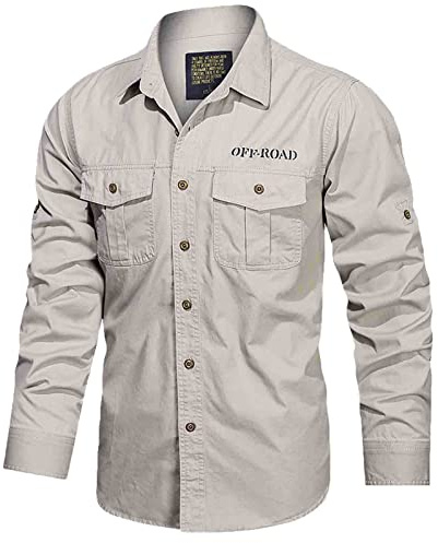 Camisas de trabajo simples de algodón liso para hombre, camisas de manga larga con botones para exteriores, chaqueta táctica militar de dos bolsillos, camisas tácticas de color sólido, ajuste regular,