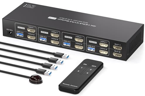 PVBCTCSID HDMI KVM Switch 4 Computers 2 Monitors EDID 4K60Hz for 4 PC Sharing Dual Monitor and 4 USB 3.0 port with Remote Control