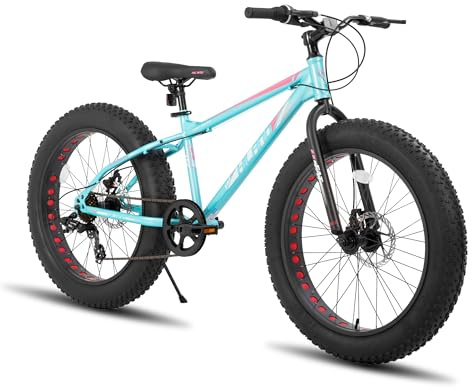 Hiland 24 Inch Fat Tire Mountain Bike for Boys and Girls, 7-Speed Mountain Bike, Double Disc Brake, Beach And Snow Bike Green