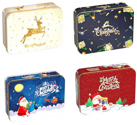 Onlvmyur 4 Piezas Caja Regalo Navidad Metalica para Caramelos y Galletas - Lata Hojalata Creativa Vacía para Embalaje de Regalos para Niños, Familiares y Amigos