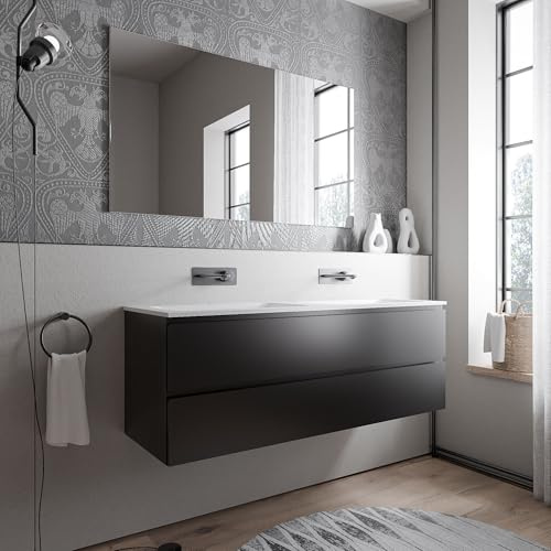 Bernstein Badmöbel-Set AVA 140cm bestehend aus Mineralguss-Doppel-Waschbecken mit Unterschrank in Schwarz matt, Waschtisch Cream - Weiß matt ohne Hahnloch, Ideal für große Bäder