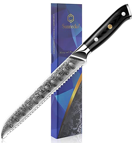 Sunnecko Damascus Serrated Bread Knife for Homemade Bread 8 Inch | Kitchen Bread Knife with VG10 Damascus Steel Blade, G10 Handle Sharp Serrated knives for cake, sourdough bread
