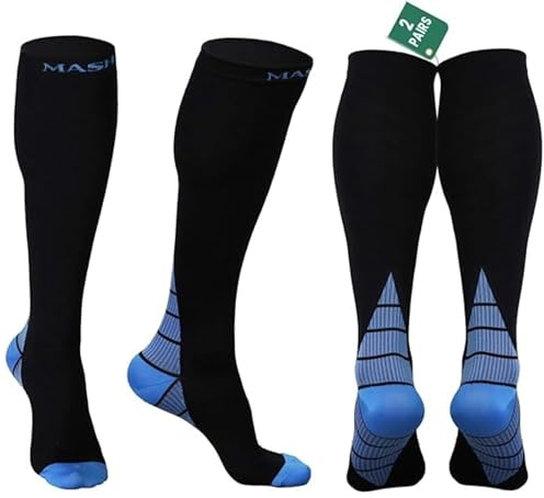 ( 2 Pairs ) Compression Socks for Men & Women – Graduated Support Stockings for Travel, Flight, Running, Nurses, Pregnancy, Maternity, Sports, Calf & Ankle Circulation (Black/Blue, S/M)