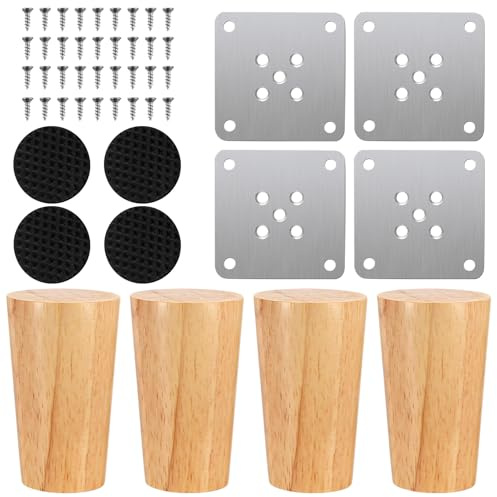 McBlast 4 Pcs Wooden Furniture Legs3.15/8cm Solid Wood Legs for Furniture Feet, Wooden Chair Coffee Table Legs Replacement for Dresser Bed Stool Cabinet Sofa Leg, with Non-Silp Pad, Screws, Plates