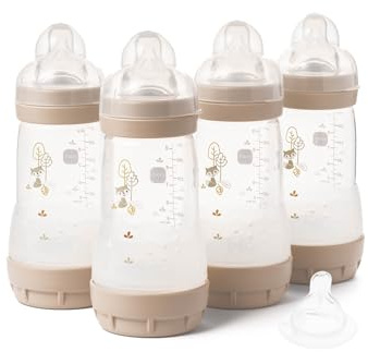 MAM Easy Start Anti-Colic Baby Bottles | 4 Pack (4X 260ml) | Self-Sterilising Baby Milk Bottle | Medium Flow MAM Teats Size 2 + 1x Fast Flow Teat Size 3 | Linen (Various Designs)