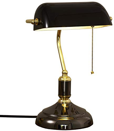 Lámpara de escritorio de banquero de vidrio blanco, clásica, retro, LED, de latón vintage, con interruptor de cadena, enchufable, para mesita de noche, para casa, oficina, dormitorio, estudio (negro