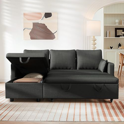 Hamlody L-Shape Convertible Sofa Bed with Storage & USB Charging | FSC Certified Wood Frame & Linen Fabric | Ideal for Small Spaces, Guest Room, Studio Apartment, Office