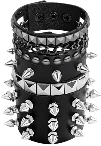 FABLENOVA Spike Bracelet for Men & Women | Adjustable Black Leather Punk Bracelets with Studs & Rivets | Goth Rock Biker Wristband-Style 1