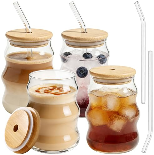 Juego de 4 vasos de café con tapa y pajita, 4 unidades, 500 ml, vasos de cristal con burbujas, vasos de onda, vasos de Macchiato, vasos de café helado, para oficina, hogar, restaurante y cafetería