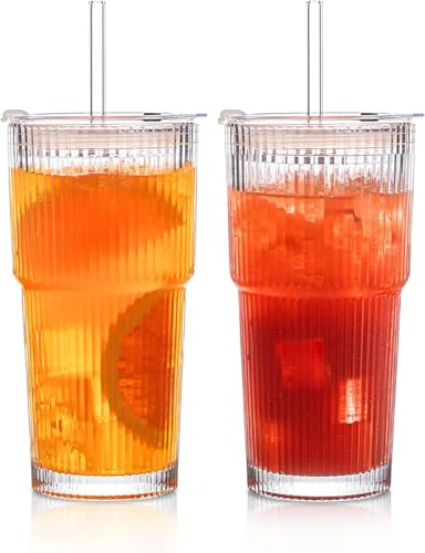 Forhome 2 Pezzi Bicchieri in vetro a coste, con coperchio e cannuccia, 600 ml, di alta qualità,Tazza da Caffè Ghiacciata, Vetro Bicchiere per Smoothie， ideali per bevande calde/fredde