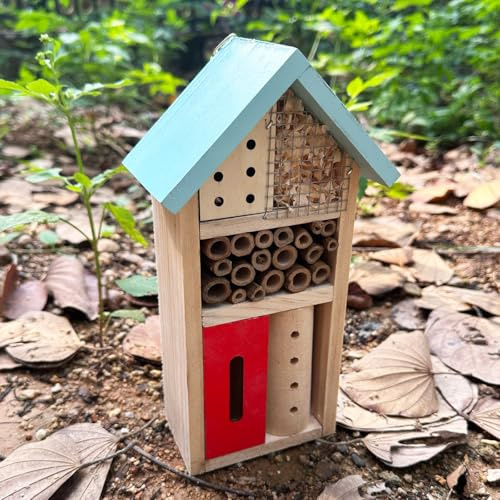 Wooden Insect Hotel for Garden - Bee House & Ladybug House, Pollinator Bug Hotel/Bug House to Attract Beneficial Garden Insects (Blue)
