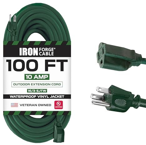 Iron Forge Cable Green Outdoor Extension Cord 100 FT - 16/3 SJTW Weatherproof Long Extension Cord for Outside with 3 Prong - 16 Gauge 100 Foot for Yard, Gardens, Landscaping - UL Listed