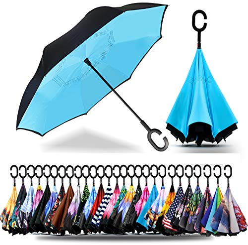 SIEPASA Spar. Saa Double Layer Inverted Umbrella with C-Shaped Handle, Anti-UV Waterproof Windproof Straight Umbrella for Car Rain Outdoor Use