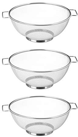 Relaxdays 10er Set Standsieb Edelstahl, feinmaschiger Seiher mit Griffen und Ringsockel, spülmaschinenfest, 26cm Ø, Silber