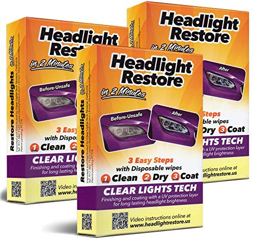 Clear Lights Tech Headlight Restoration Kit - Headlight Cleaner 3-Wipe System Restores Clarity, Removes Yellowing & Oxidation, Improves Nighttime Driving Safety, Long-Lasting UV Protection (3)