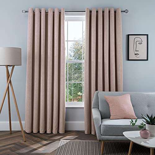 Sleepdown Linen Look Eyelet Blackout Lined Curtains Thermal Insulated for Bedroom and Living Room, Blush, 2 x 66 x 54
