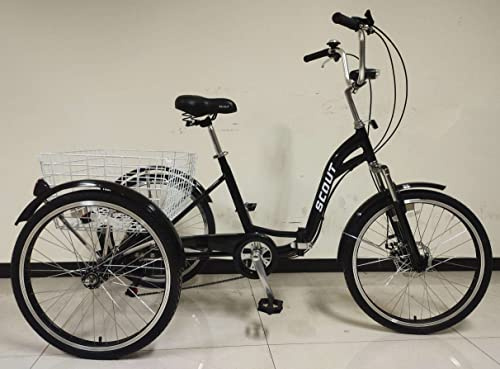 trehjuling för vuxna, hopfällbar trehjuling, 24 tums hjul, 6-växlad shimano-växlar, skivbromsar fram och bak (svart)