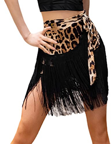 Gonna da ballo da donna, per salsa latina, tango, nappa, gonna da ballo, skate, sciarpa, abbigliamento da danza, Nero leopardato., Taglia Unica