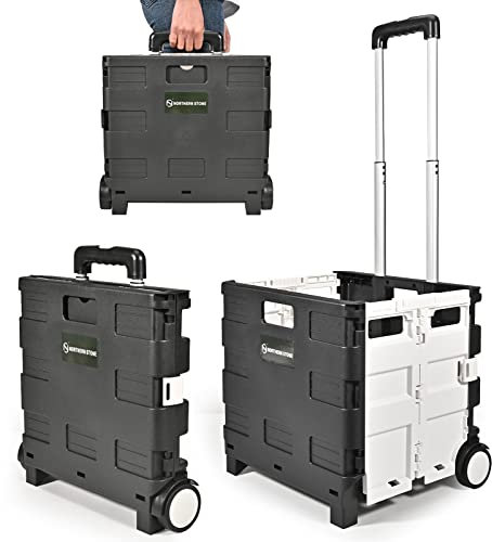 EPROSMIN Folding Shopping Trolley Cart, 35L Capacity, Boot Cart with Wheel and Adjustable Telescopic Aluminium Handle, Collapsible Utility Trolley Box for Shopping, Garden and Camping (Black+White)