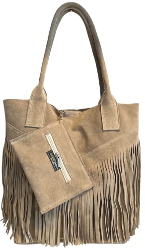 Modarno Borsa shopper da donna in vera pelle scamosciata con frangia più custodia per gioielli dello stesso colore - Borsa a mano - Borsa a spalla (Taupe Chiaro)