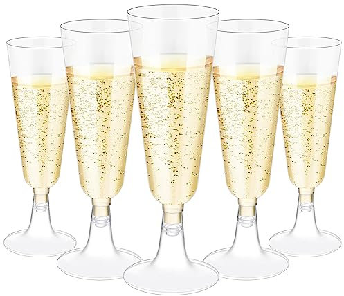 Copas de Champán de Plástico, 25 Pcs Flautas de Champán Reutilizable, Vasos Plastico Duro Transparente Irrompibles y Apilables, Copas de Cava Plastico para Fiestas, Bodas, Cumpleaños y Navidad - 150ml