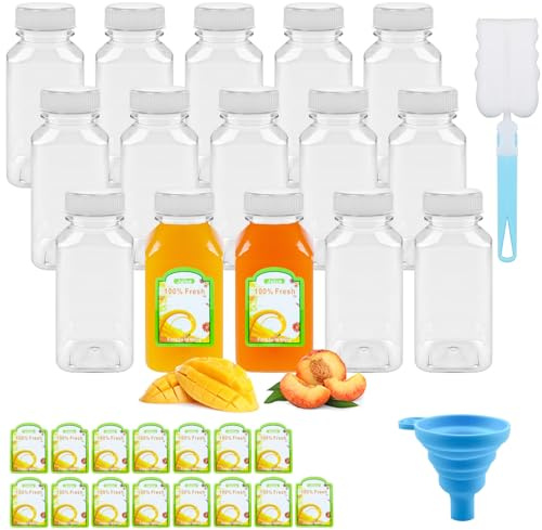 CoKeeSun Juice Bottles with Lids 15 Pack, 250ml/8oz Milk Bottle, Reusable Plastic Bottles Set, Drink Containers with Funnel, Brushes and Stickers for Smoothie, Juices, Milk and Beverages on the Go