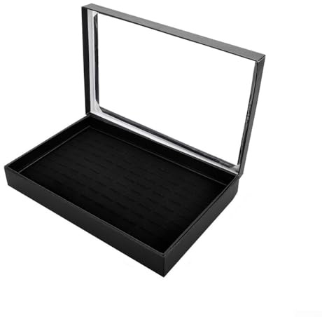 Hasaller Caja expositora de anillos de piel sintética con 100 ranuras, cubierta transparente para almacenamiento, exposición y regalo (negro)