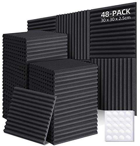 Ohuhu Acoustic Foam Panels 48 Pack with Double-sided Tape, 1x12x12 Sound Proofing Panels Acoustic Panels Acoustic Wall Panels Sound Absorption Fireproof for Recording Studio Office Home