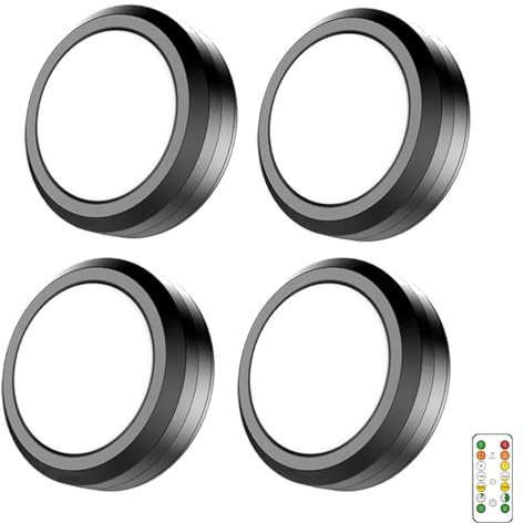 MOUJUCHI Schrankbeleuchtung, 4 PCS Schrankbeleuchtung Kabellos Batteriebetrieben, Unterbauleuchte Küche mit Fernbedienung Dimmbar Puck Lights für Treppen Vitrine Schrank Küche