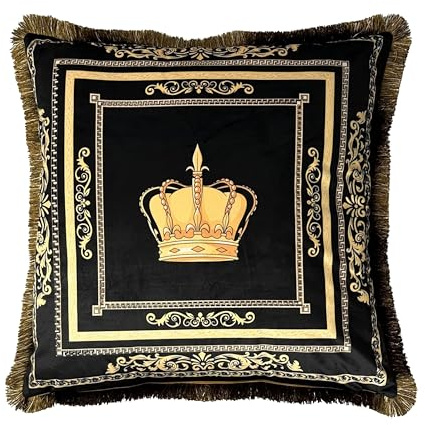 Belle Arti lyxiga dekorativa kuddar soffkuddar sammet set om 2 i svart guld med lejon, amfora, krona som motiv, överdrag och fyllning (motiv: krona, 45 x 45 cm)