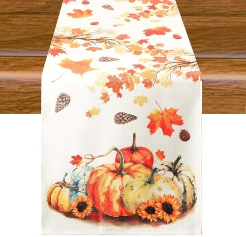 Aitsite Herbst Tischläufer, Küche Tisch Dekoration, Kürbisse Tischläufer Halloween Tischläufer Herbst Tischtuch Kürbis Tafelaufsatz Herbst Dekorationen Halloween 40 x 180 cm (Maple Pumpkin)