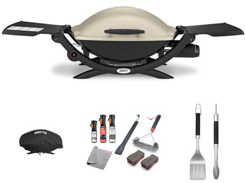 Bundle - Weber Q2000 Gas Grill Barbeque Table Top BBQ Grill & Char Griller with Foldable Side Tables Cast Aluminium Lid Cover & Body Portable Premium Mini Gas BBQ Home or Travel - Titanium (53060074)