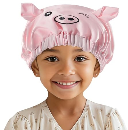 Lolalet Bonnet de Nuit Enfants en Satin, Bonnet Satin Cheveux Nuit Enfant Élastique Réglable, Style d'oreilles d'animaux mignons pour Enfants de 5 à 12 Ans -Cochon