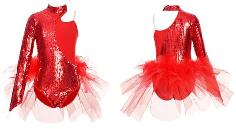 Kaerm Girls Sequin Camisole Ruffle Tutu Skirt Leotard One Shoulder Jazz Ballet Dance Dress Ballerina Dancewear Red 11-12 Years