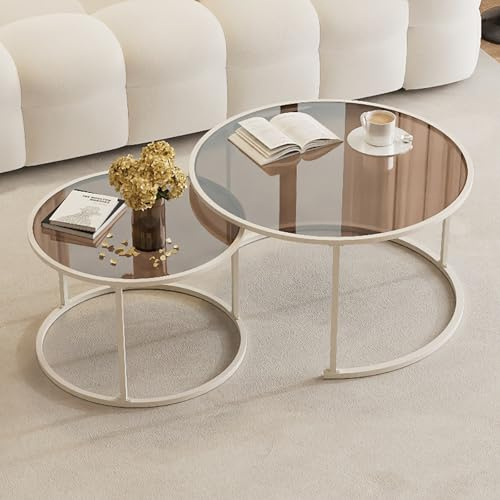 table basse ronde Nesting, élégante empilable en métal doré, moderne pour petit salon transparent, table à café pour espaces limités