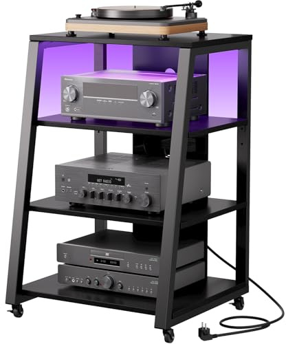 Lifewit Mobile Giradischi con 4 Ripiani, Mobile Hifi con Prese Elettriche e Luci a LED per Mobiletto Stereo Pergiradischi, Vinili Vintage, Casse Giradischi, 60 x 55 x 90 cm, Nero