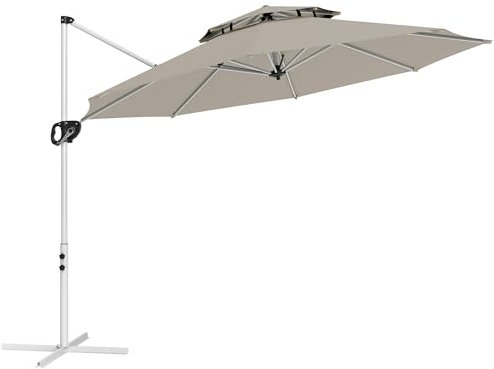 Outsunny Parasol déporté rond 3 x 2,5 m, parasol de jardin extérieur avec manivelle, base croisée, inclinable et rotatif à 360°, double toit, protection UV UPF0+, gris