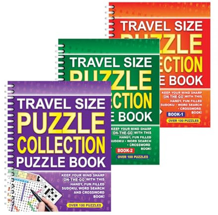 Sixstore A5 Spiral Bound Travel Size 3 in 1 Sudoku, Word Search, Crossword Puzzle Collection Book, 3 Books Supply