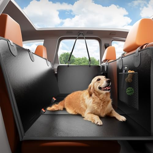 HiPetpy Hunde Autoschondecke Rückbank, 7-lagiges PU-Leder, 100% wasserdicht, Rücksitzverlängerung mit Hartboden für Hunde, Belastbar bis 204 kg, rutschfeste Hängematte für Auto, SUV, Kombi (Schwarz)