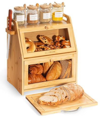 Clubien Bamboo breadbin, Keeps Bread Fresher - Food-Safe Wooden Bread bin with Chopping Board, Knife Slot & Ventilation Holes - Bread Bins for Kitchen for More Storage - Double Bread bin