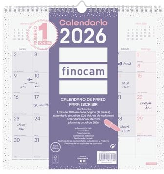 Finocam - Väggkalender 2026 månadsvy januari–december (12 månader) | Kalender för anteckning 2026 | Chic månadsplanerare – lila – spanska
