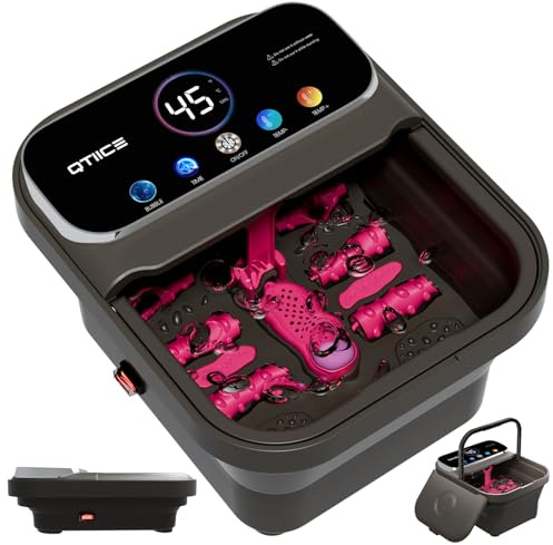 Qtiice Zusammenklappbare Fußbad mit Digitaldisplay und Farbbildschirm, Temperaturregelung, Timer und 6 Massagerollen. Pediküre Fussbad mit Heizfunktion und Blubberfunktion zur Entspannung Ihrer Füße