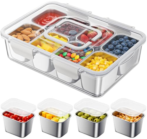 Osfel Snackle Box Container with 8 Removable Stainless Steel Compartments Divided Serving Tray with Portable Handle for Beach, Road Trip, Picnic, Boat Days, Ball Games, Pool and Parties