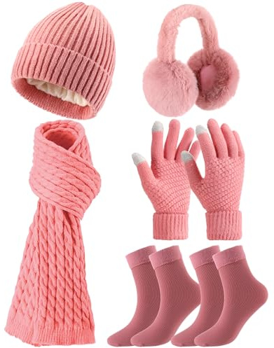 Geyoga 6 Pcs Winter Warm Set for Women Warm Beanies Hats Touchscreen Gloves Long Scarf Ear Muffs Socks Winter Gifts for Women(Leather Pink,Minimalist)