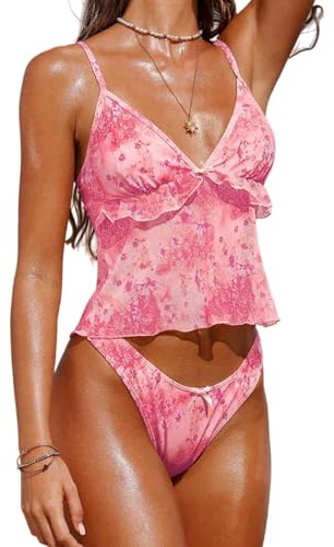 ZAFUL Tankini Swimsuits for Women V Neck Ruffle Floral Tummy Control Bikini Swimsuit 2 Pieces High Cut Bathing Suit (2-Pink, M)