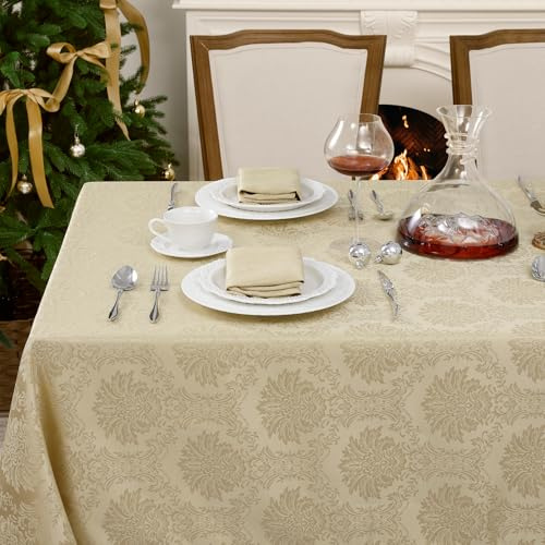Romanstile Beige fyrkantig bordsduk 140 x 140 cm för utomhusbruk, fläck- och vattenavvisande, fin jacquard, lämplig för påsk, vår, litet bord, brunch, kaffe och terrass