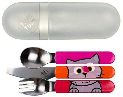 TUM TUM Kinder Reisebesteck - Edelstahl Babybesteck - Kinderbesteck mit Motiv (Katze) - extra Aufbewahrung - Esslernbesteck Set - Kindergeschirr 3-10 Jahre - BPA frei
