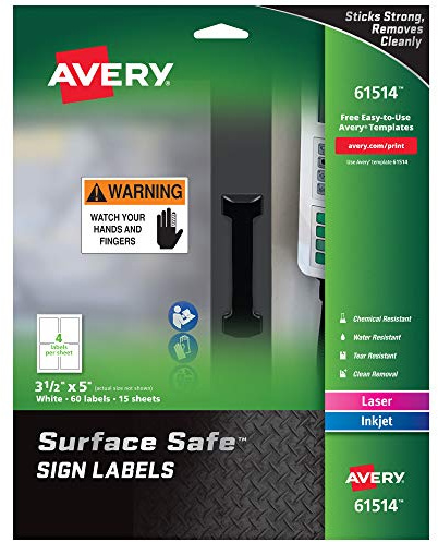 Avery Printable Warning Signs, 3.5 x 5, Water/Chemical Resistant, 60 Removable Labels (61514)
